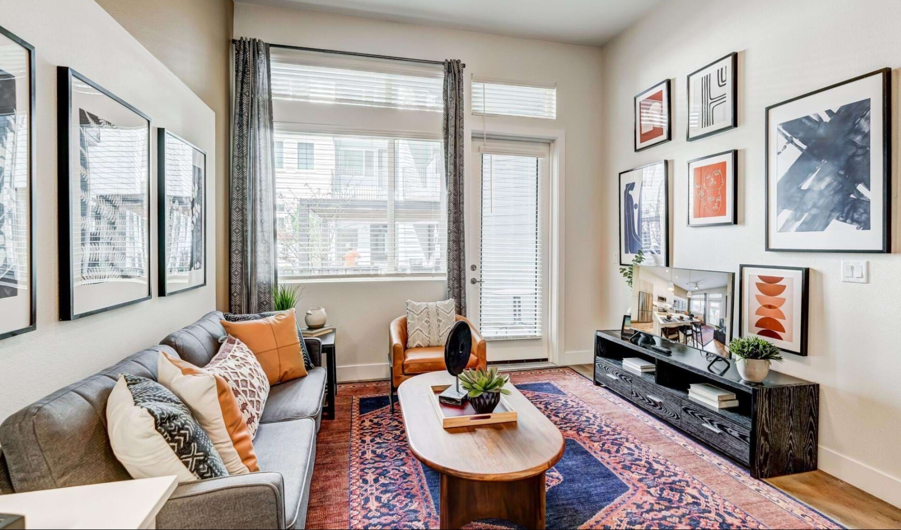 a living room with a couch and a table